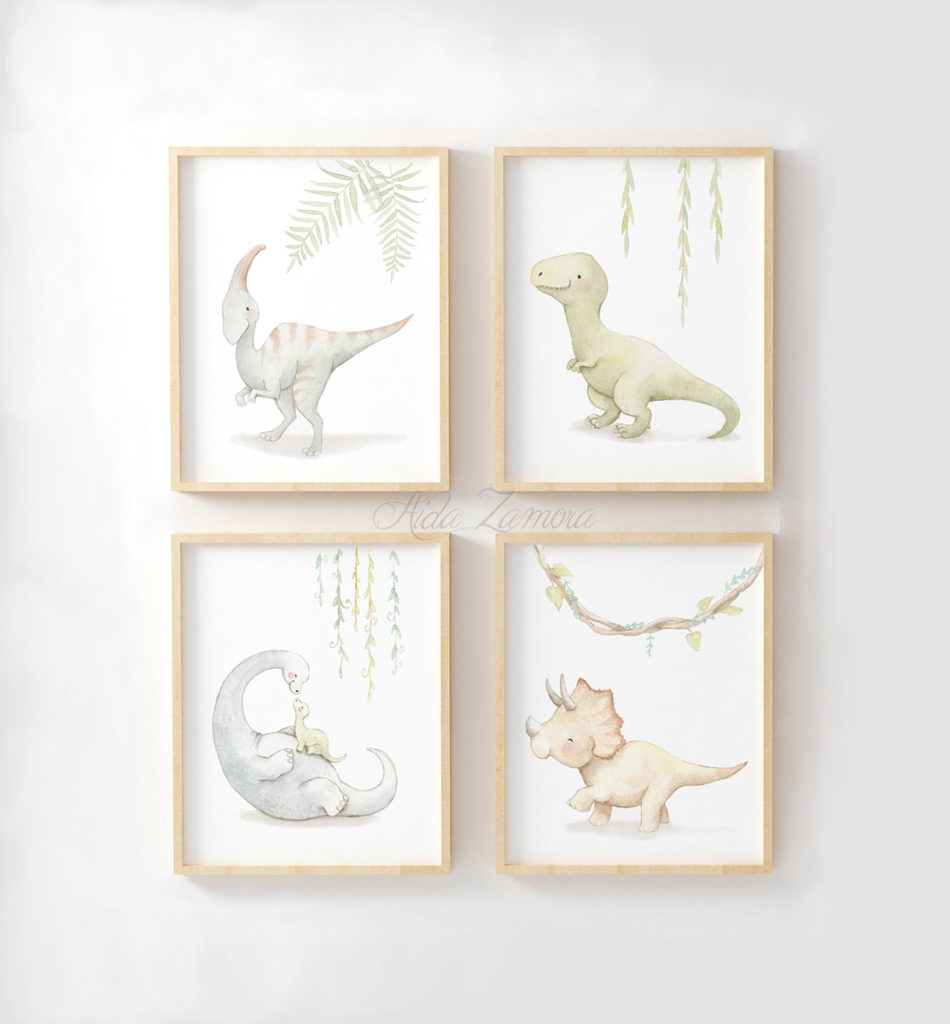 Set de cuatro láminas infantiles Dinosaurios - Aida Zamora