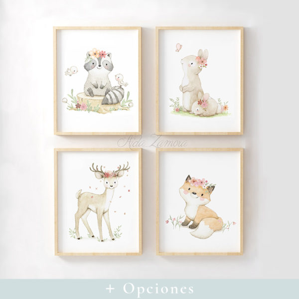 Set de cuatro láminas infantiles Animales del Bosque con corona de Flores