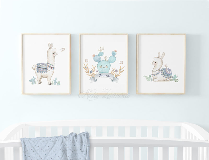 Set de tres láminas infantiles Llamas Azul